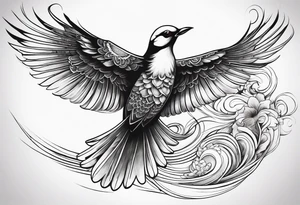 Flying bird on shoulder blade, medium size, with flowing lines tattoo idea