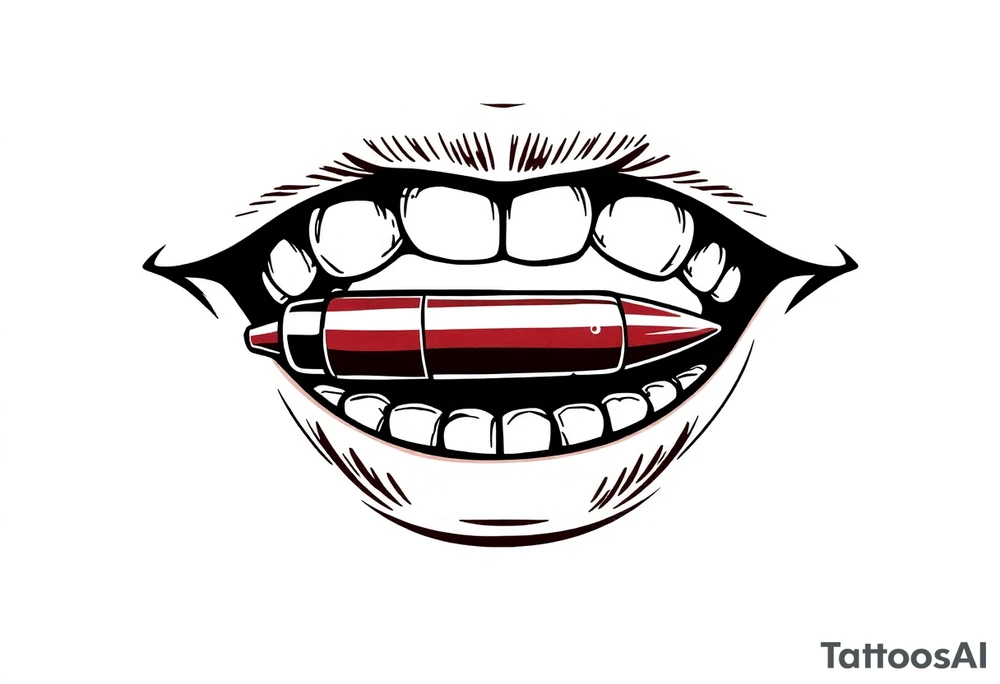 A set of lips snarling with 50cal round between teeth tattoo idea