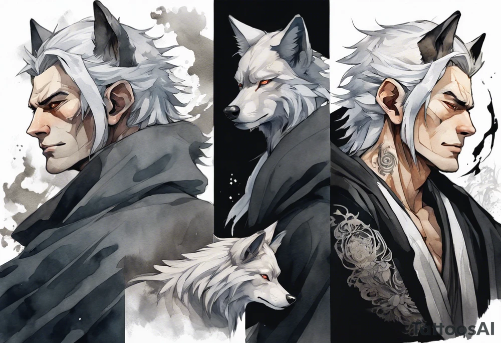 a gaunt man with wolf ears with white hair, grey eyes, and a black cloak standing in the dark tattoo idea