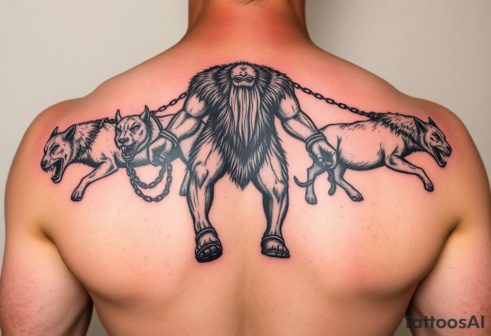 A giant walking with animals that are chained up tattoo idea