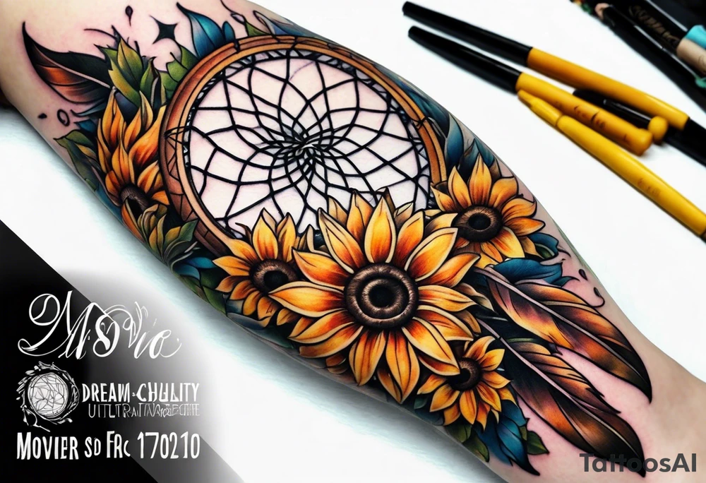 Dreamcatcher and sunflowers forearm sleeve tattoo idea