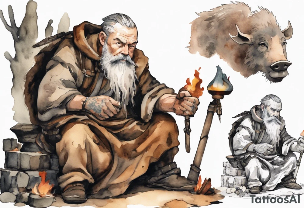 a 55-year-old large Norseman with a grey beard wearing a brown and black tunic sitting by a hearth with his hand on a large boar tattoo idea