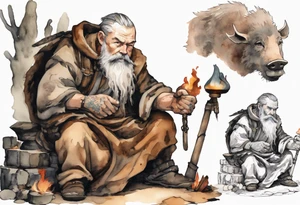 a 55-year-old large Norseman with a grey beard wearing a brown and black tunic sitting by a hearth with his hand on a large boar tattoo idea
