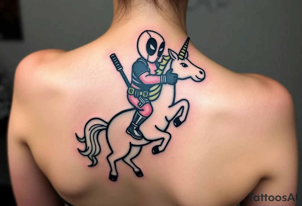 Deadpool riding unicorn pointing rocket propelled grenade launcher tattoo idea