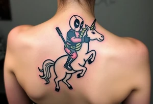 Deadpool riding unicorn pointing rocket propelled grenade launcher tattoo idea