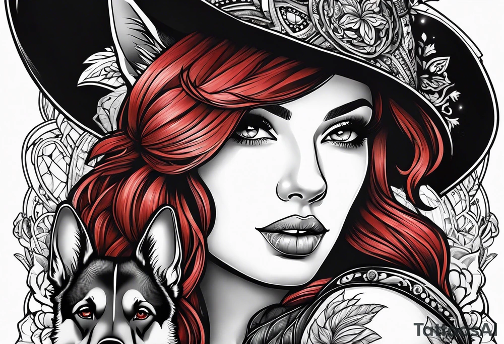 red hair woman with German shepherd dog tattoo idea