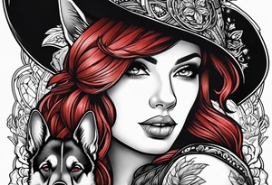 red hair woman with German shepherd dog tattoo idea