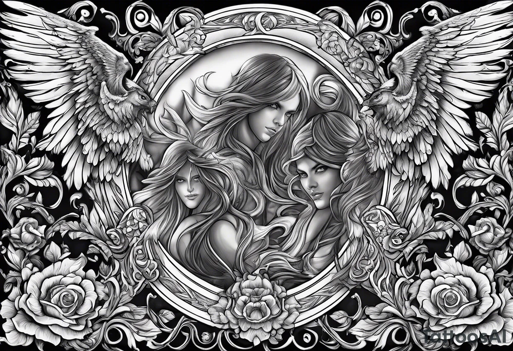 Angels fighting demons over fire with skuls in the background tattoo idea