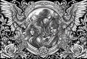 Angels fighting demons over fire with skuls in the background tattoo idea