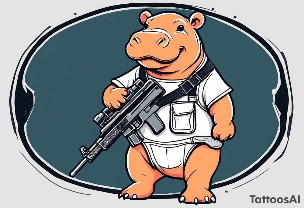 Baby hippo wearing overalls with bandolier over chest and holding a machine gun tattoo idea