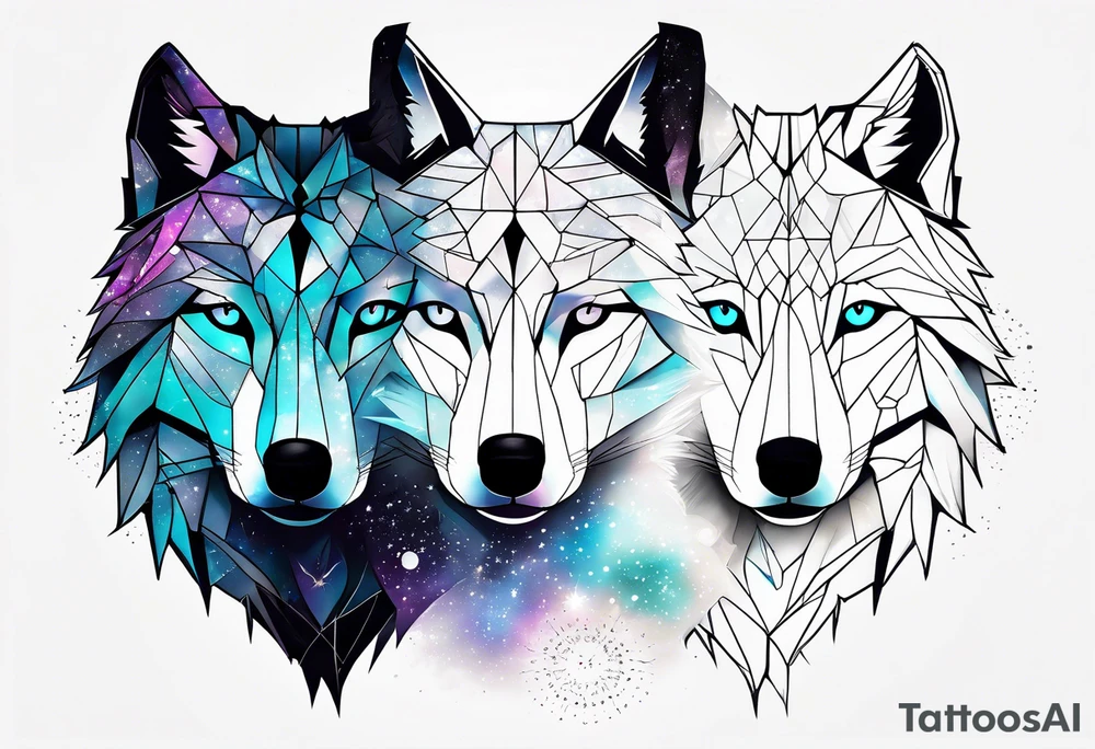 Constellation, two animal wolf, géométric, snowflake tattoo idea