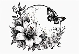 Small moon and stars with a moth and lily flowers tattoo idea