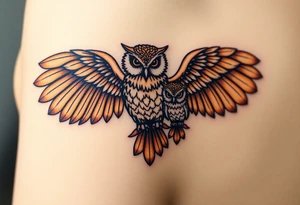 A mother owl spreading her wings next to her baby, with intricate feather detailing in deep brown and golden hues, symbolizing wisdom and protection tattoo idea