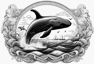 sperm whale jumping out of the water with the Virgo in the sky and a sail boat at sea tattoo idea