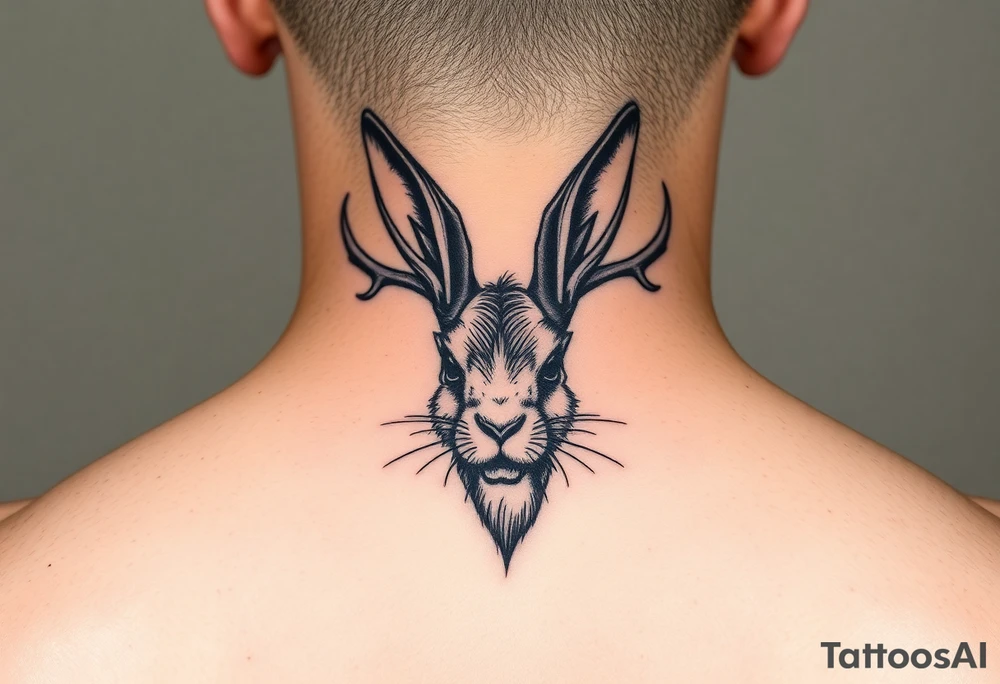 abstract jack rabbit with antlers coming out from its head, between the ears tattoo idea