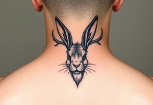 abstract jack rabbit with antlers coming out from its head, between the ears tattoo idea