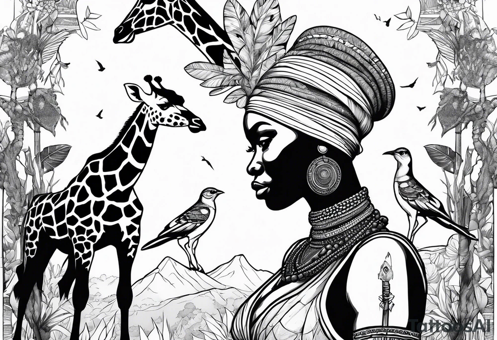 African woman warrior holding a spear with birds in the background and giraffe tattoo idea