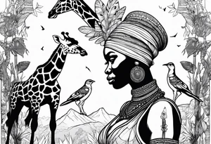 African woman warrior holding a spear with birds in the background and giraffe tattoo idea