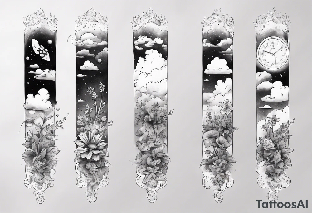 forearm tattoo of a clouds with little plants and the date 12.08.05 tattoo idea