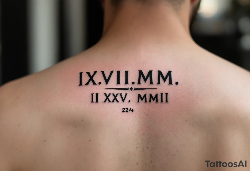 IX.VII.MM. and II.XXV.MMII with a space between them, along with the number 224 simple tattoo idea