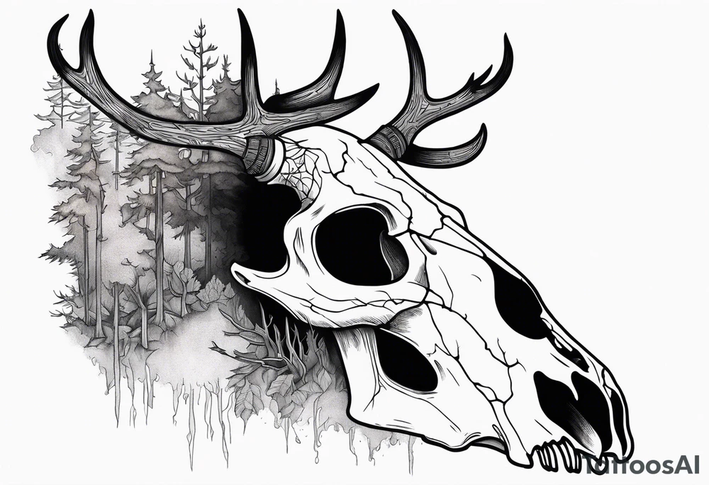 scary side view of a DECAYING deer skull JUST BONE surrounded by a forest fire in background tattoo idea