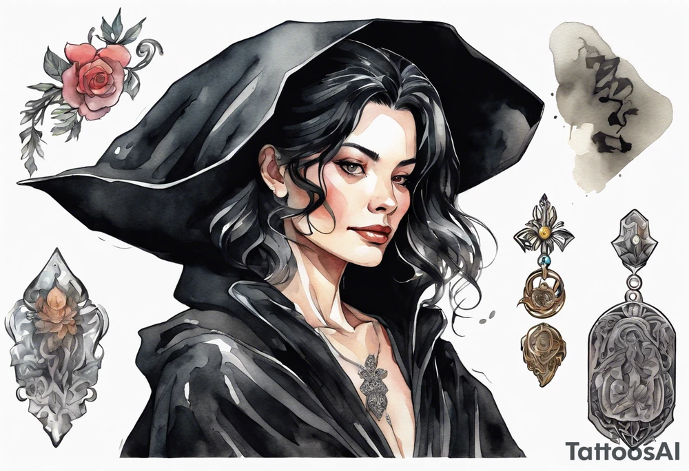 a 50-year-old black-haired woman dressed in a black cloak with a silver brooch tattoo idea