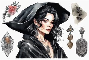 a 50-year-old black-haired woman dressed in a black cloak with a silver brooch tattoo idea