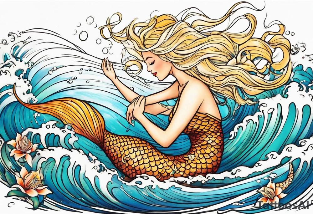 Blond mermaid and  son frolicking in the ocean tattoo idea