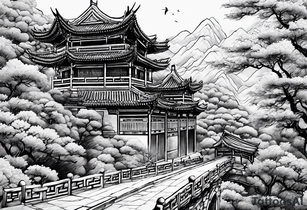 Chinese wall, realistic, art, sideview, highlight,outlines tattoo idea