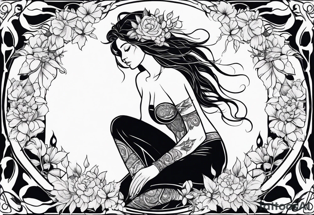 Full body Powerful sexy warrior woman wearing animal fur surrounded by flowers and vines tattoo idea