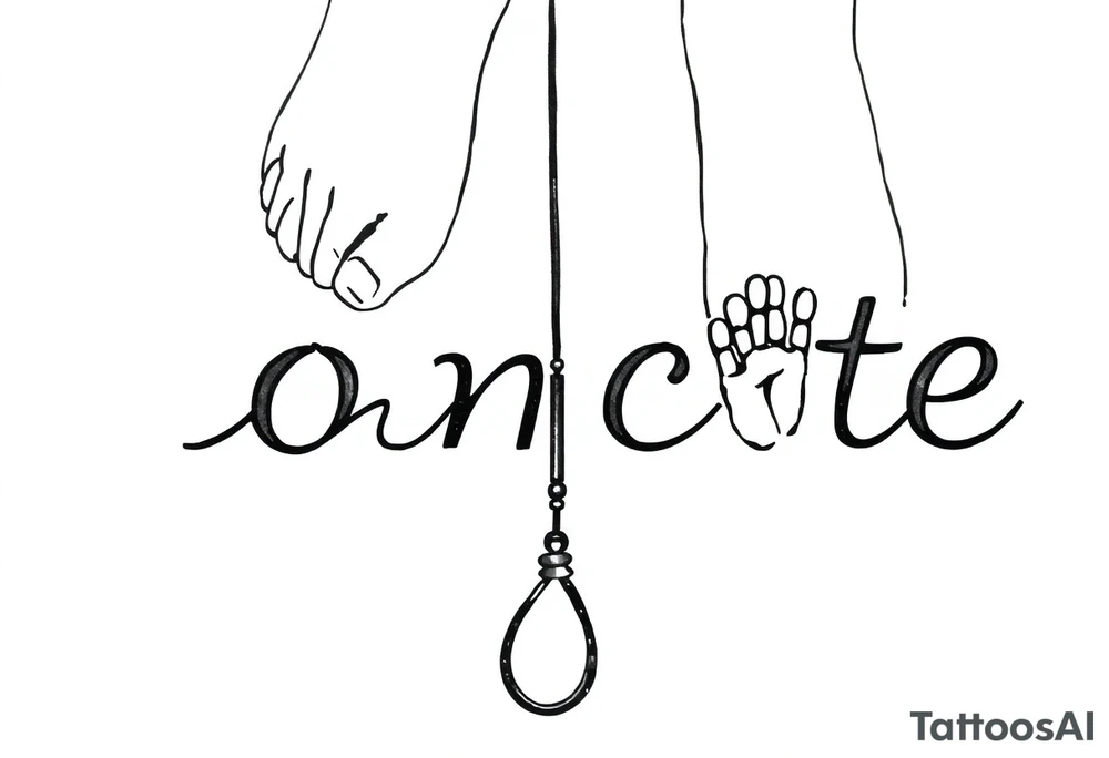 Two feet in the concrete written in fishing line with a pole and finger prints on hook tattoo idea