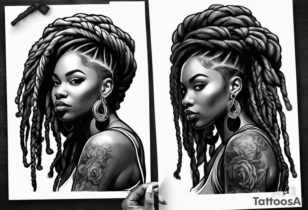 Black woman with locs holding barbell tattoo idea