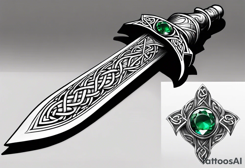 A Celtic athame dagger with the hilt turned upward and an emerald gemstone on the hilt not on the blade tattoo idea