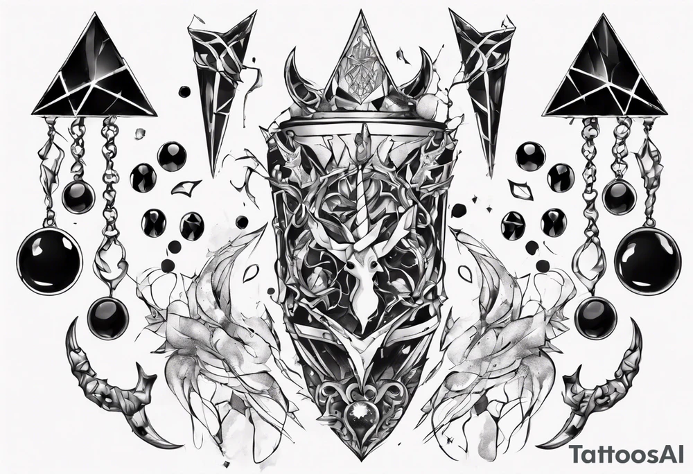 Shattered chalice surrounded by black jewels and a unicorn horn tattoo idea