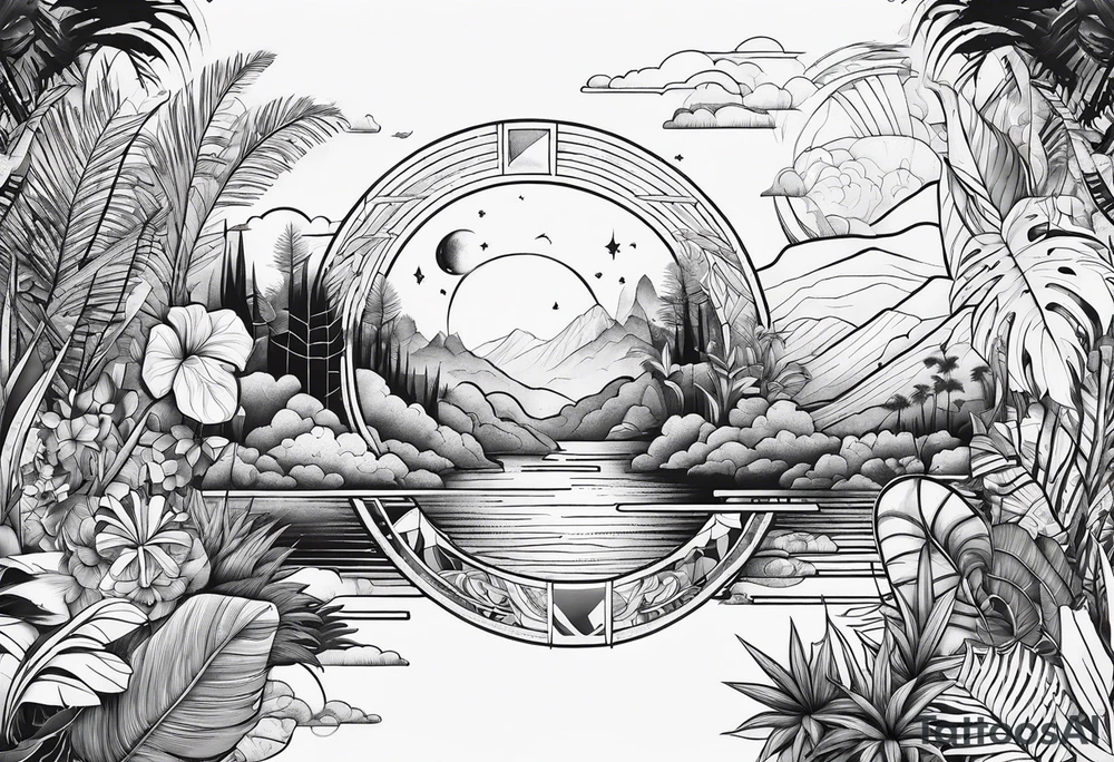 abstract line of jungle and space tattoo idea