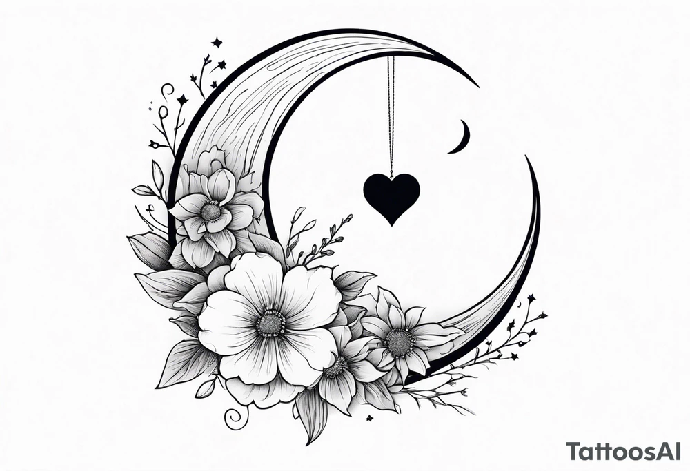 Crescent moon with a heart inside, shrouded by beautiful flowers with wisps of mist tattoo idea