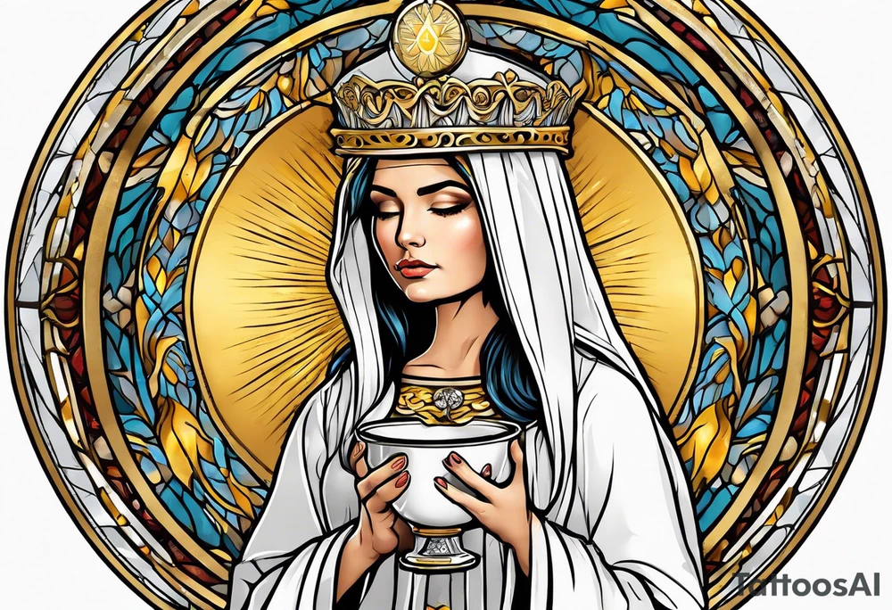 holy saint woman turned away with golden halo holding a chalice tattoo idea