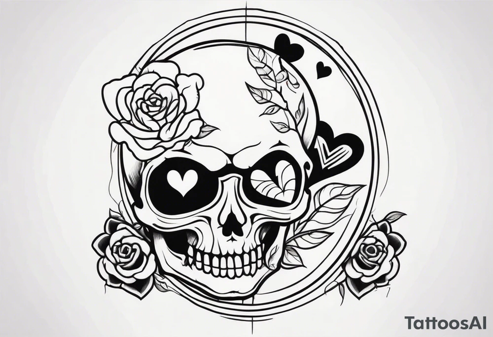 One skeleton with eyes in the shape of hearts, one skeleton sitting tattoo idea