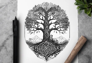 Tattoo of the norse world tree, vertically one half is rotten while the other half is full of leaves. At the base there is a shadow of a dog seen tattoo idea