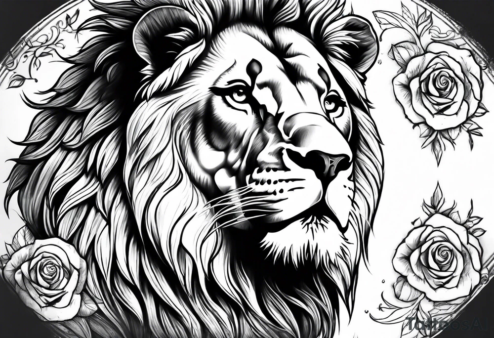 Lion with crown roaring with roses tattoo idea