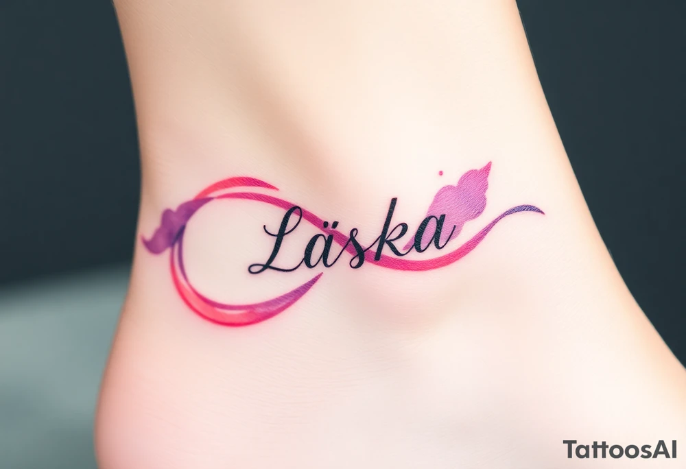 A watercolor infinity design in pastel pink and purple hues, with "Láska" softly blending into the curves, creating a dreamy effect. tattoo idea