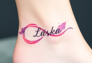A watercolor infinity design in pastel pink and purple hues, with "Láska" softly blending into the curves, creating a dreamy effect. tattoo idea