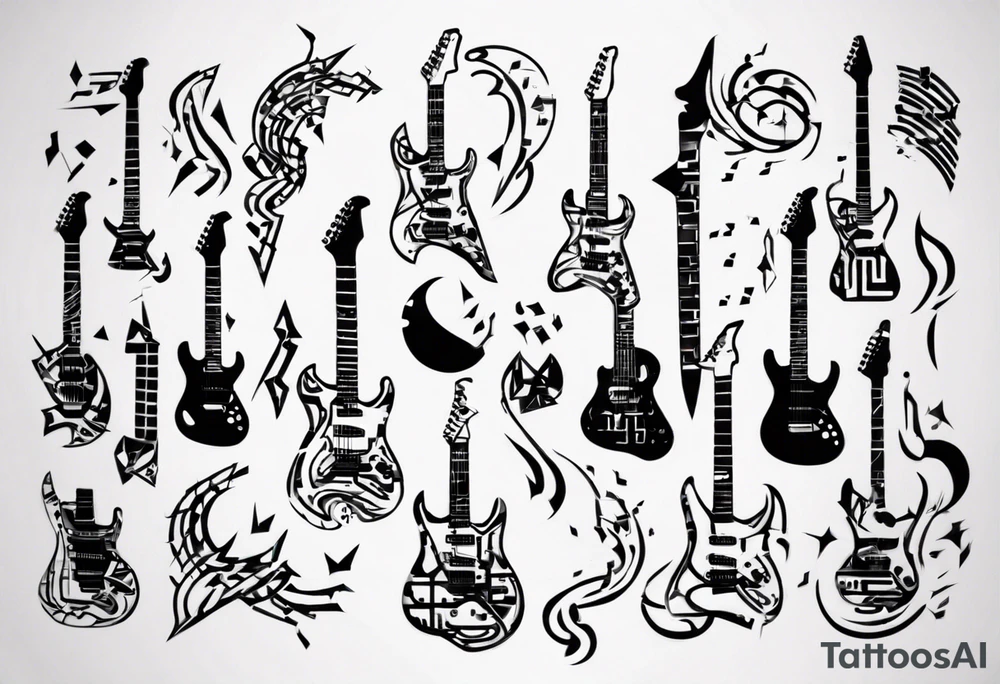 Create a unique tattoo design inspired by my passion for the electric guitar and video games. It could be an abstract representation of musical notes and pixel graphics. tattoo idea