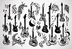 Create a unique tattoo design inspired by my passion for the electric guitar and video games. It could be an abstract representation of musical notes and pixel graphics. tattoo idea