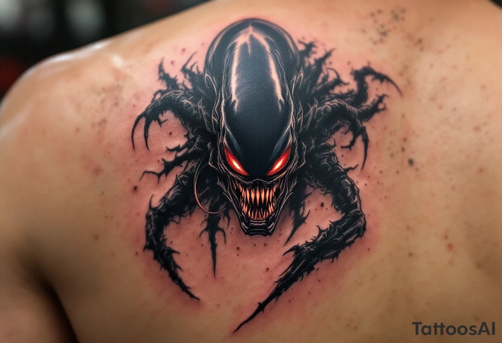 A shadowy Xenomorph lurking in the shadows of a spaceship, with glowing red eyes peeking through the darkness. tattoo idea