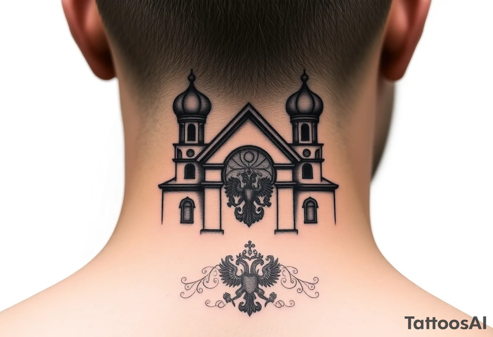medium sized Russian orthodox church with bulb domes with a prominent russian orthodox coat of arms & virgin mary tattoo idea