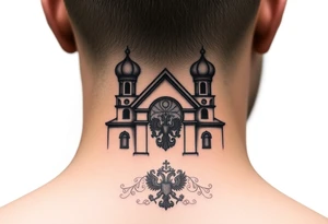 medium sized Russian orthodox church with bulb domes with a prominent russian orthodox coat of arms & virgin mary tattoo idea