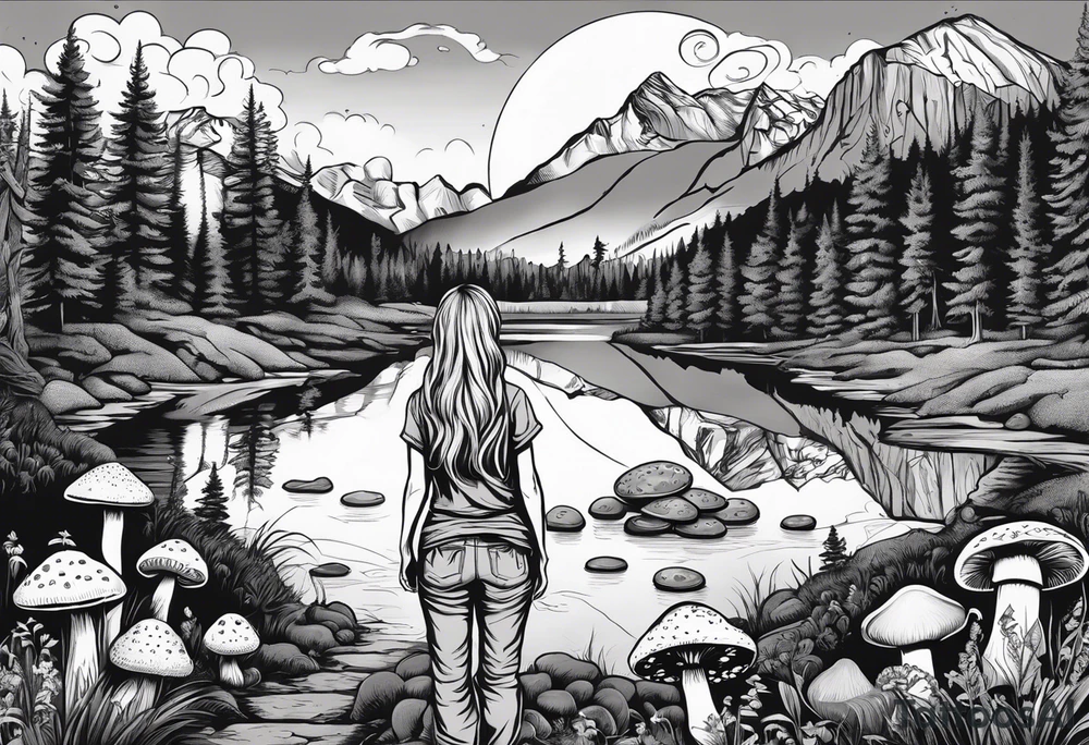 Whole picture encircled fully

Straight long blonde hair hippie girl in distance holding mushrooms in hand facing away toward mountains and creek surrounded by mushrooms tee shirt and hiking pants; whole rendering within a full circle, no cut off circle tattoo idea