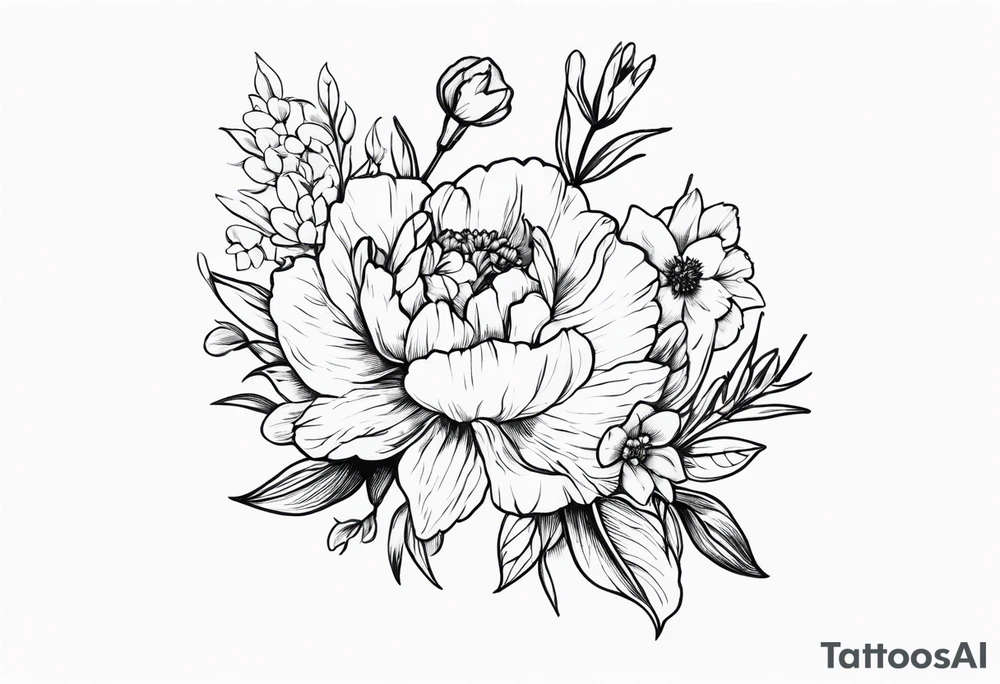 flower bouquet with a peony, larkspur, rose, and daffodil tied with a bow tattoo idea