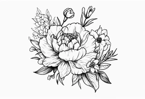 flower bouquet with a peony, larkspur, rose, and daffodil tied with a bow tattoo idea